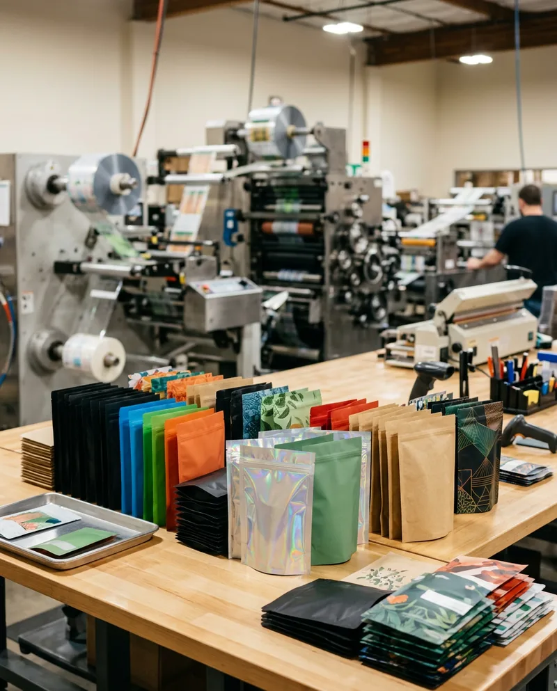 Finished custom printed mylar pouches in a packaging production facility