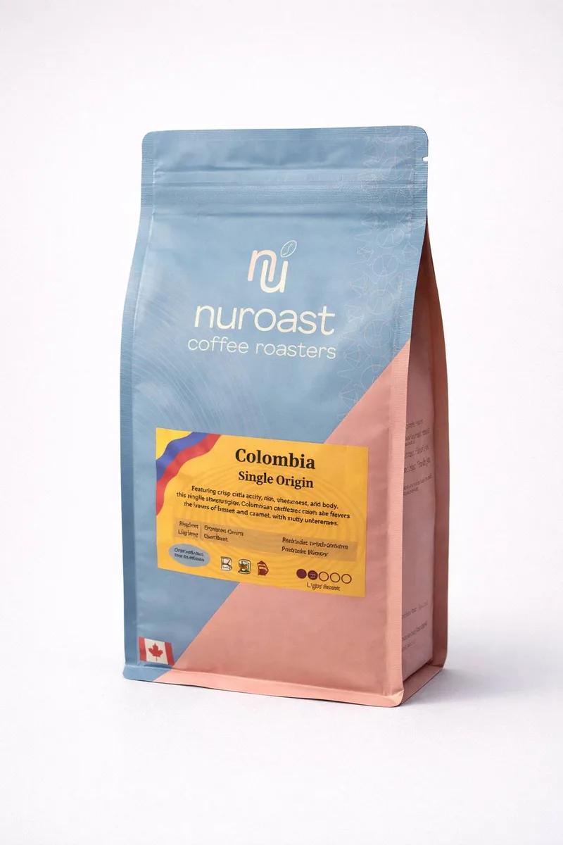 Flat bottom coffee bag with valve and zipper, made for NuRoast Coffee Roasters in Vancouver