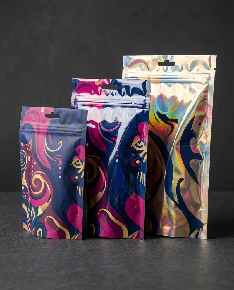Custom printed mylar stand up pouches in matte, gloss and holographic finishes