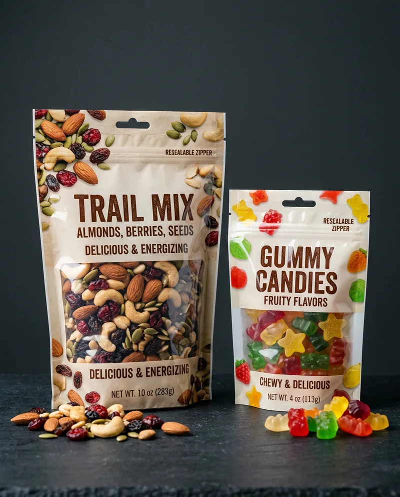 Printed food pouches with clear windows for trail mix and gummy candies